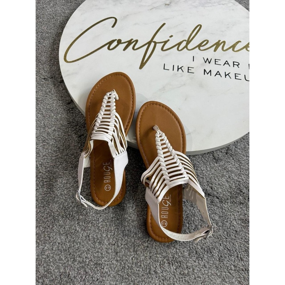 Rouge Helium White Tan Strappy Woven T-Strap Flat Sandals Womens 6.5